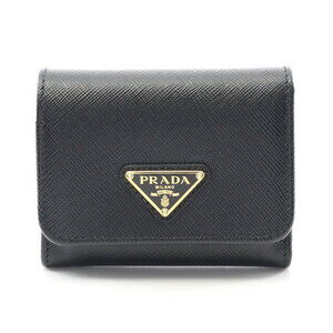 Prada Saffiano Triangle Trifold Wallet Leather Black